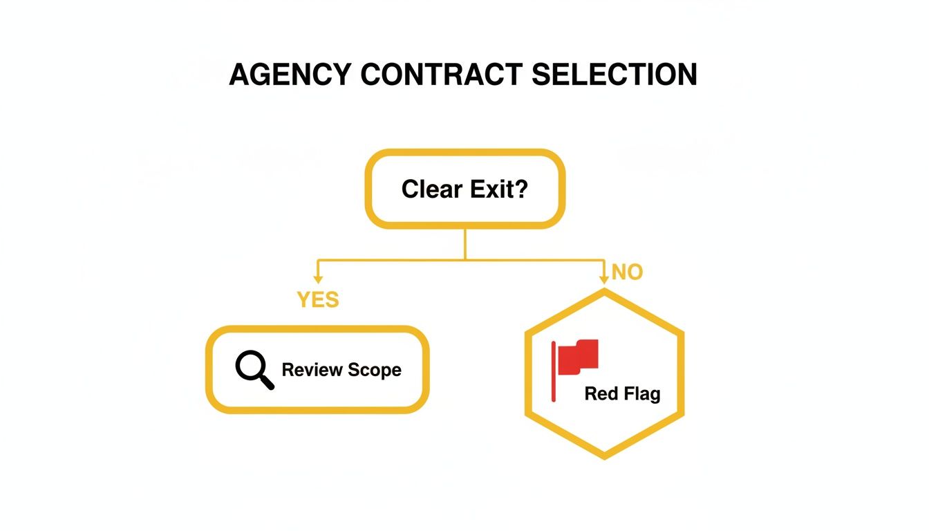 A flowchart detailing agency contract selection, asking 'Clear Exit?', leading to 'Review Scope' or 'Red Flag'.