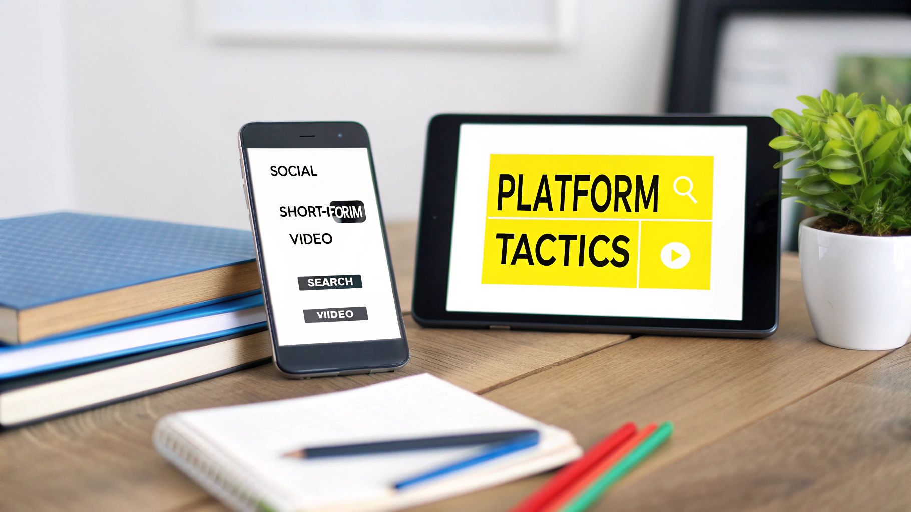 Digital marketing concepts on a smartphone and tablet, including "Platform Tactics" and "Short-Form Video".