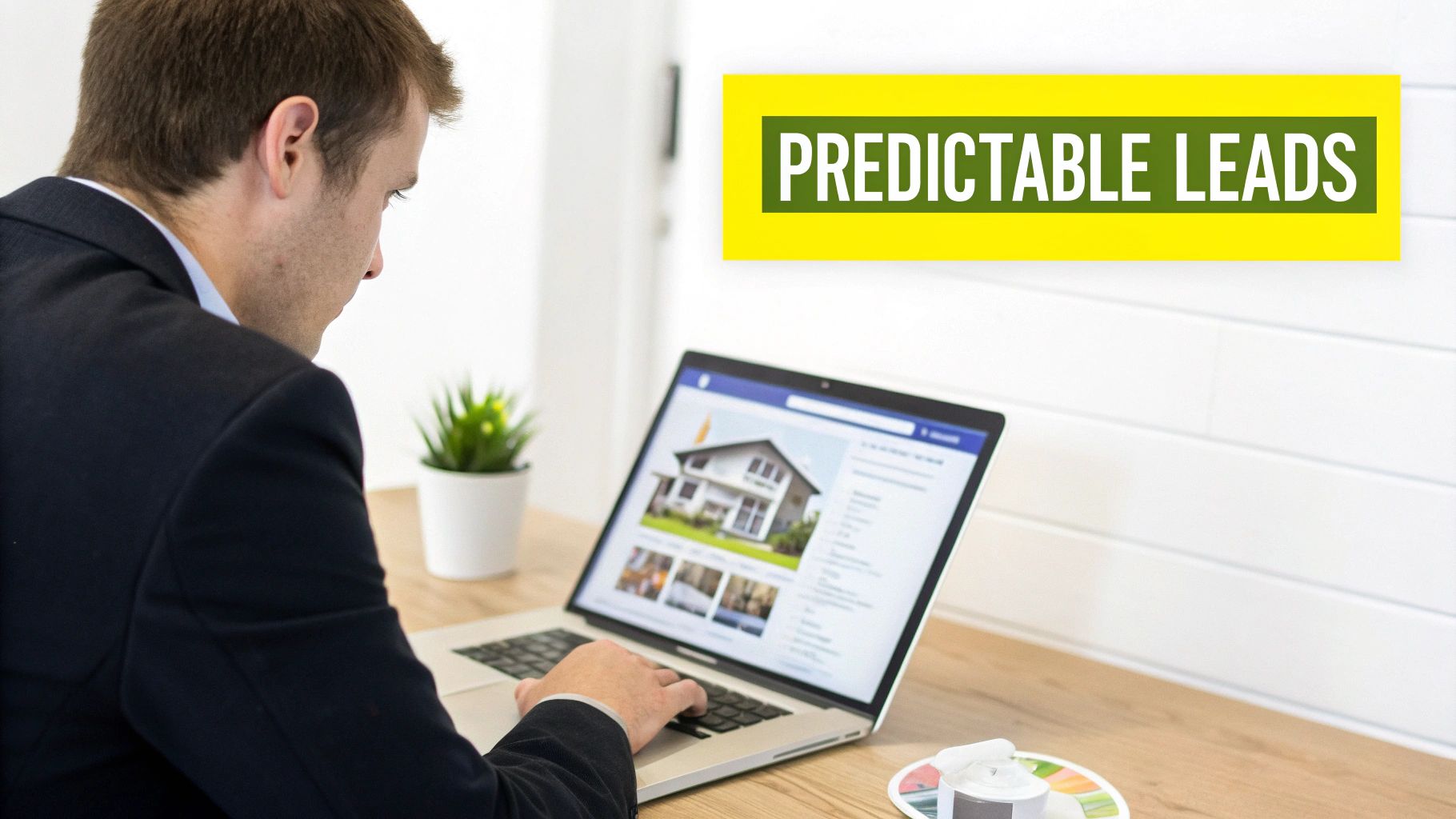 A man in a suit uses a laptop showing house listings on a social media platform, with a 'PREDICTABLE LEADS' banner.