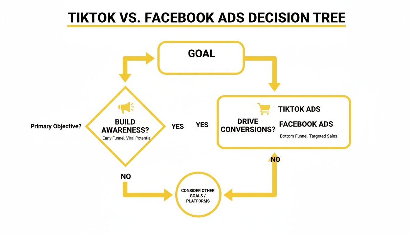 Decision tree for choosing between TikTok and Facebook ads based on marketing goals.