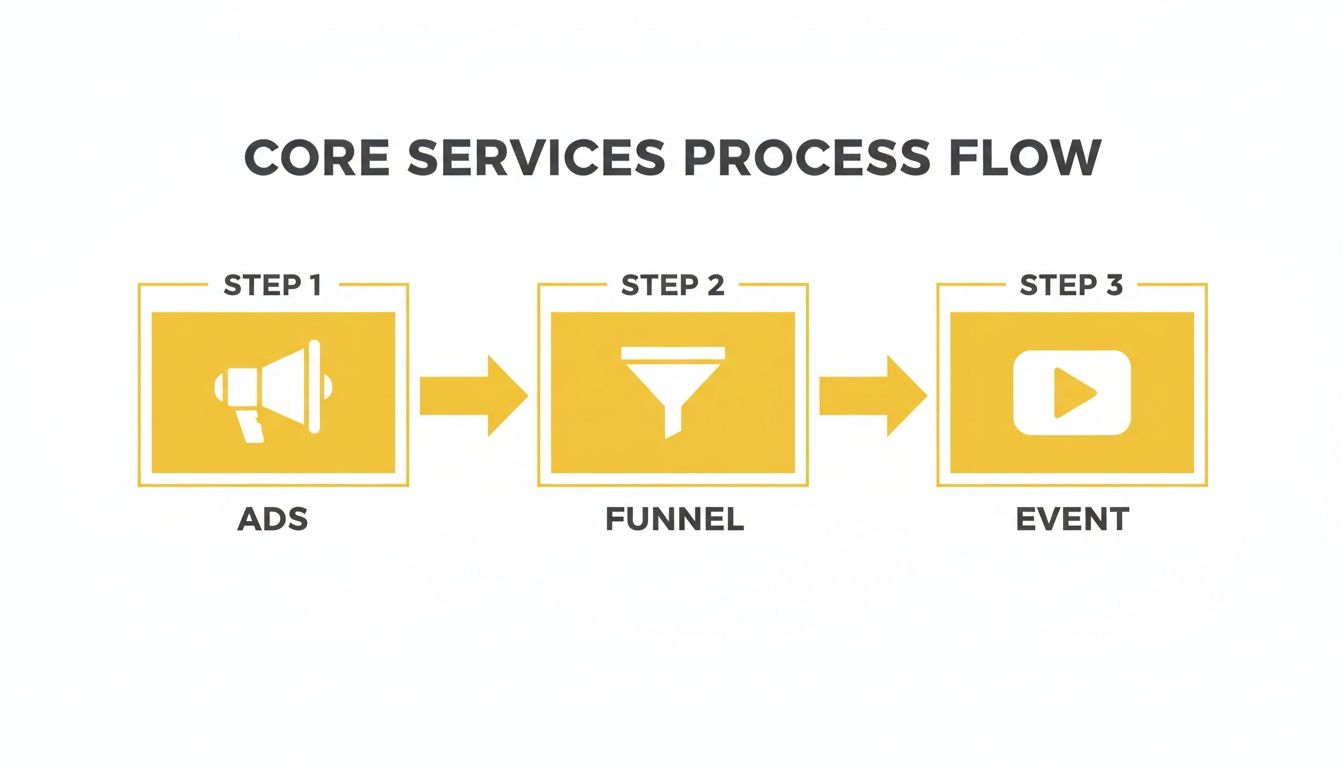 A three-step core services process flow diagram illustrating ads, funnel, and event stages.