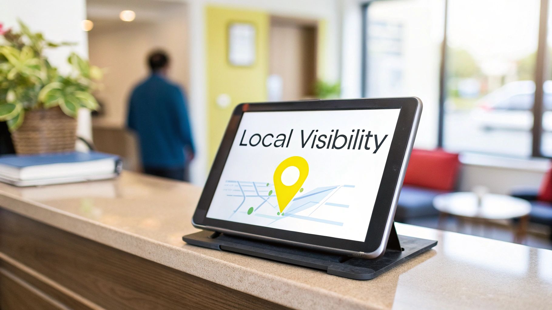 Digital tablet on a counter displaying 'Local Visibility' with a map and location pin, symbolizing local search optimization.