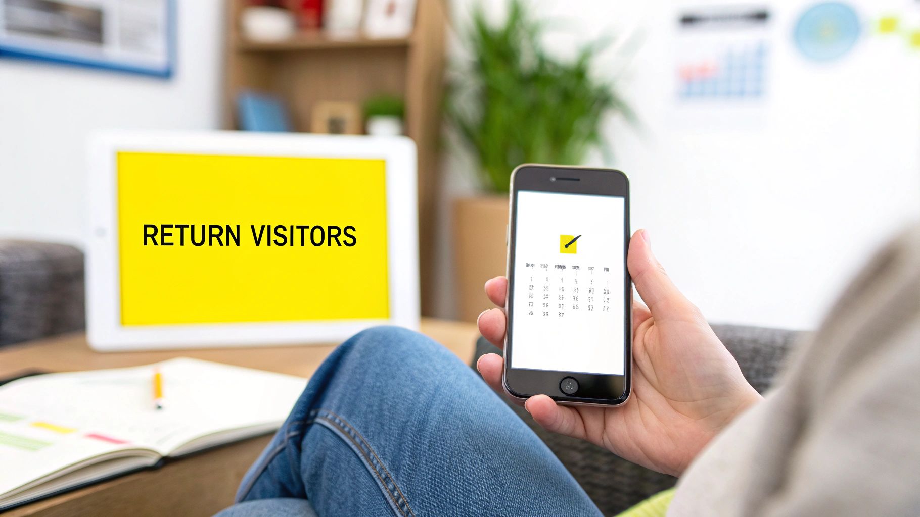 A person holds a smartphone showing a calendar, with a tablet displaying 'RETURN VISITORS' in a modern workspace.
