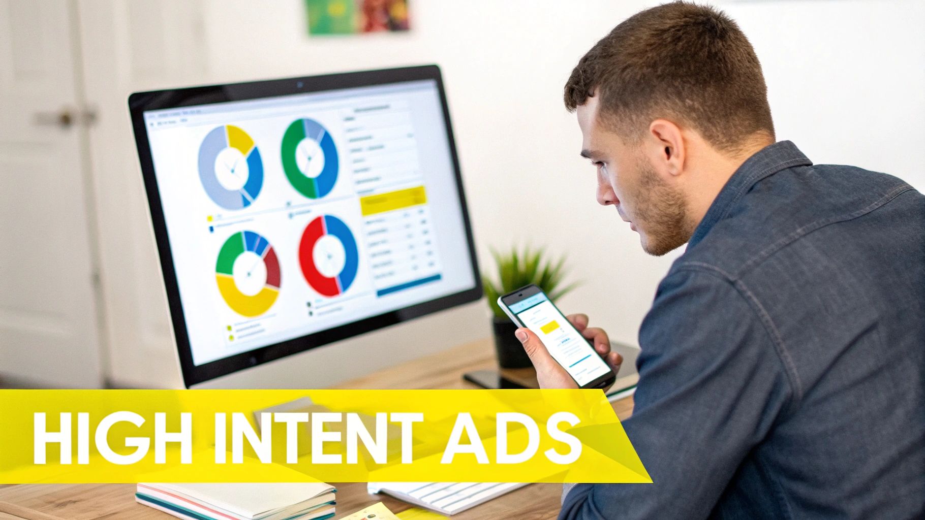 A man views digital marketing data on a computer screen and smartphone, focusing on 'High Intent Ads'.
