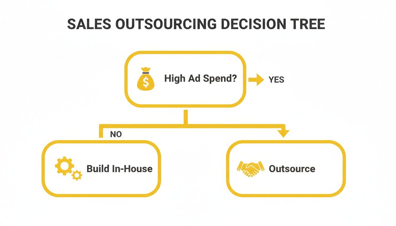 A sales outsourcing decision tree showing whether to build in-house or outsource based on ad spend.