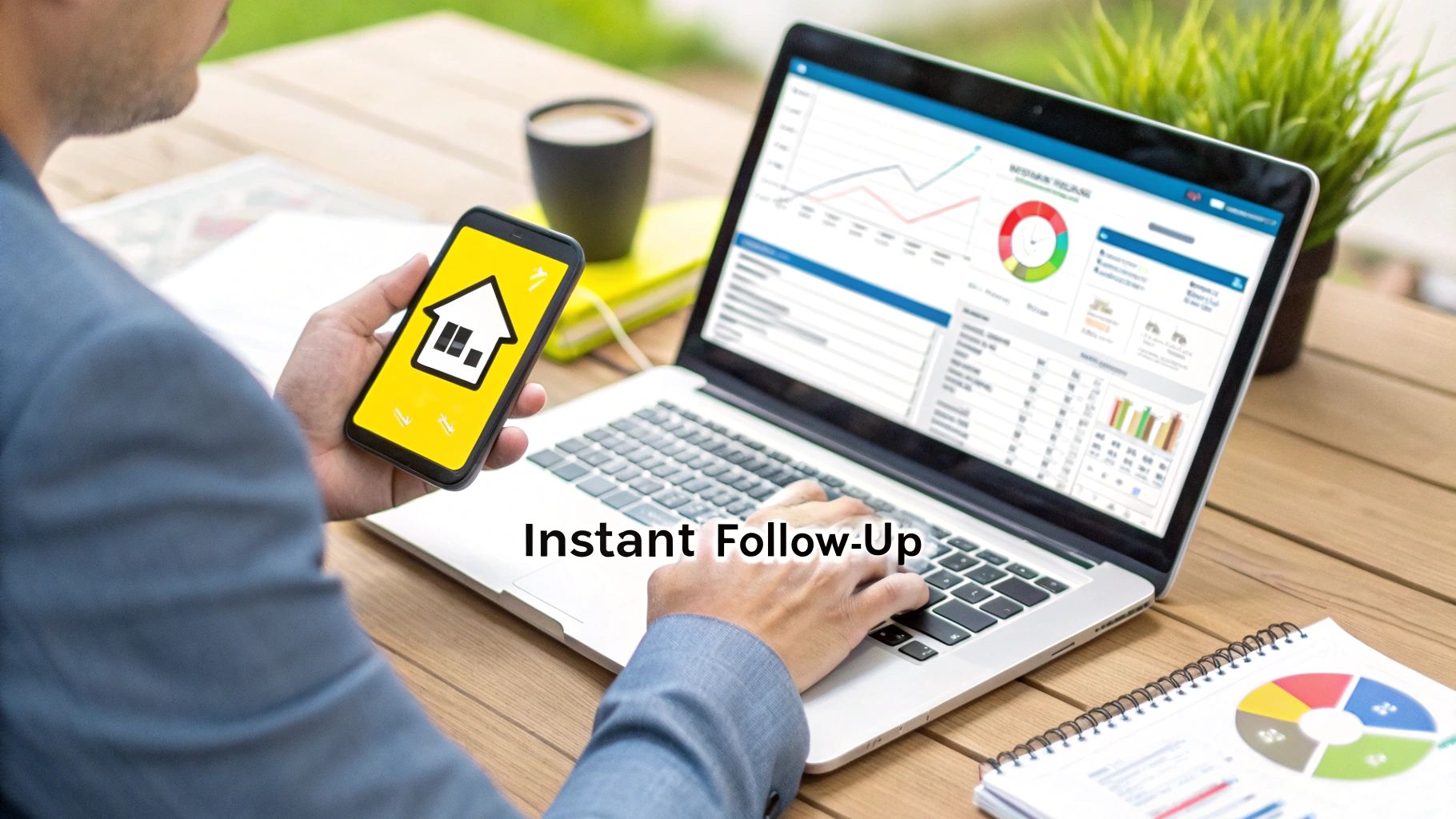 A person works on a laptop with charts and holds a smartphone displaying a house app, representing instant follow-up.