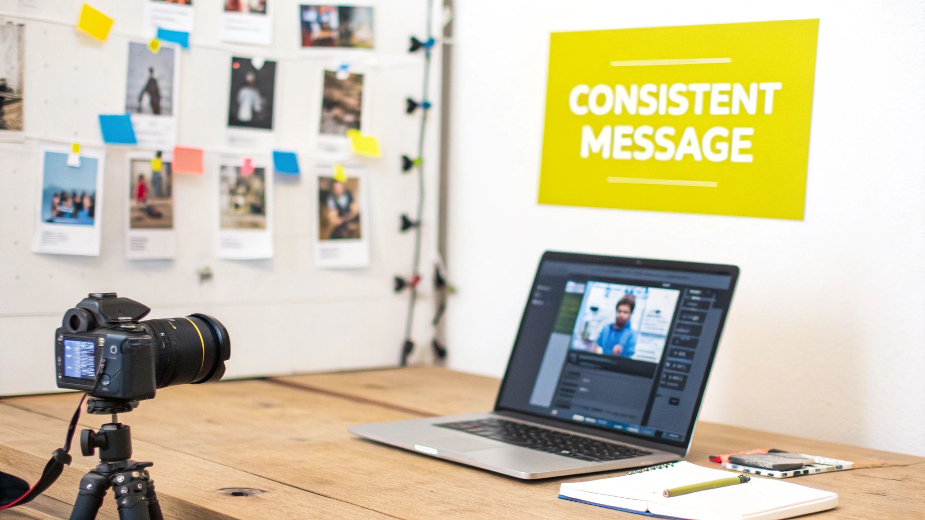 Modern workspace with a camera, laptop showing video, and a 'Consistent Message' sign.