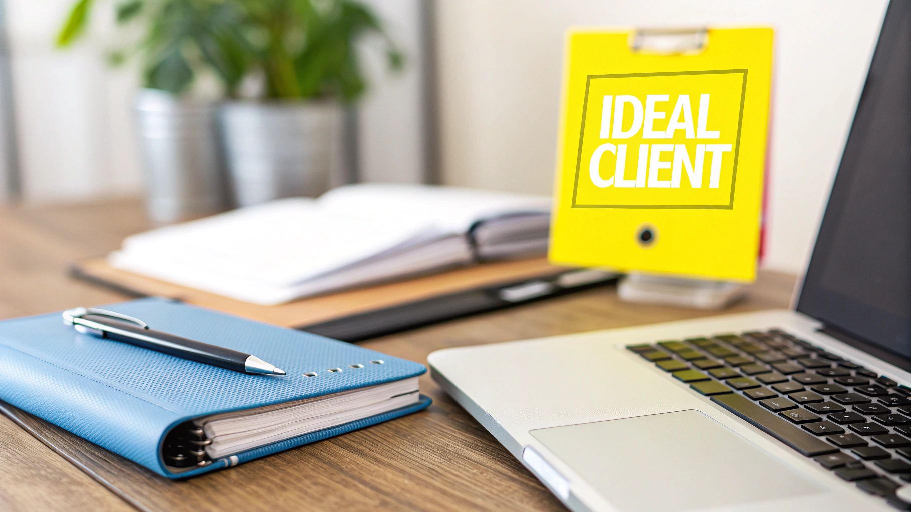A professional desk setup featuring a laptop, blue planner, open notebook, and a 'Ideal Client' binder.