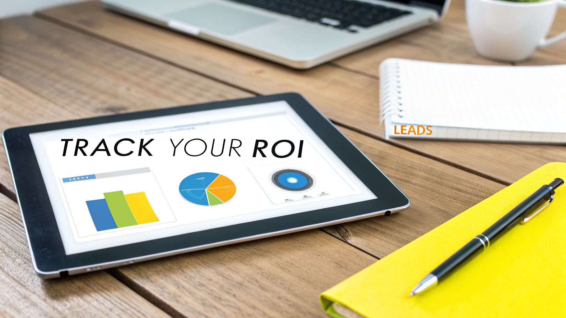 Tablet displaying 'TRACK YOUR ROI' with charts, laptop, and notebook labeled 'LEADS' on a wooden desk.