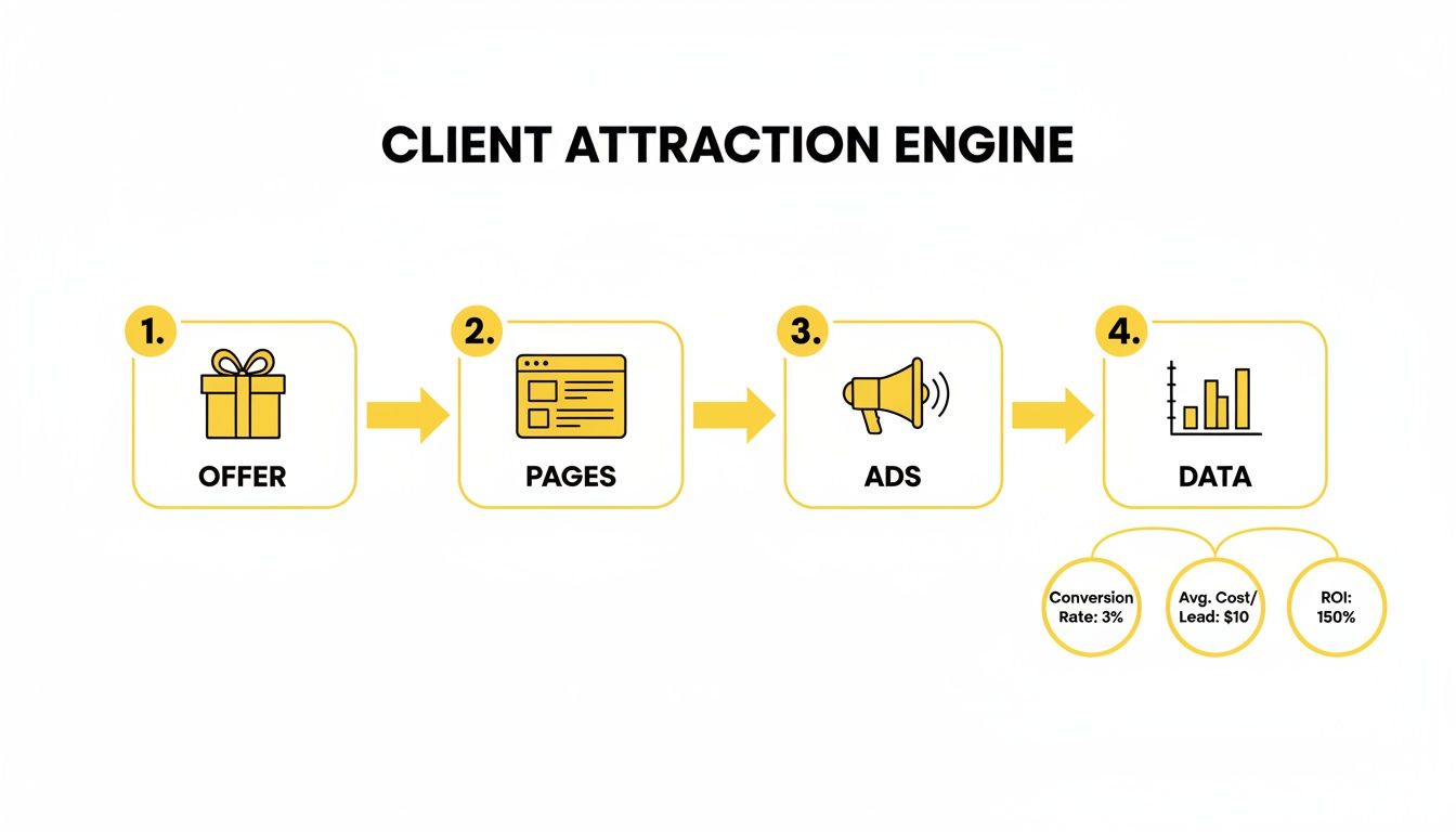 A diagram illustrates a client attraction engine with steps: offer, pages, ads, and data with key performance metrics.