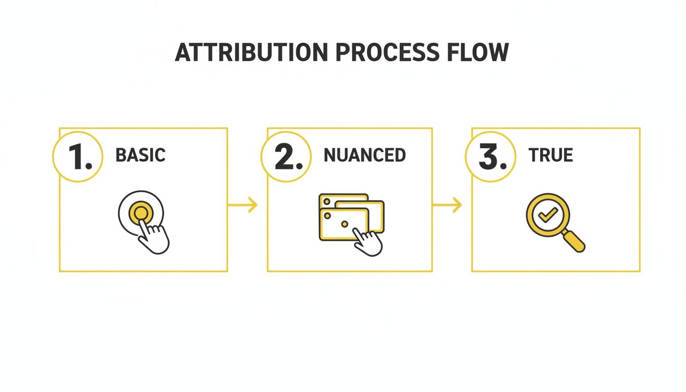 A flow diagram illustrating the attribution process from basic single touch to true nuanced multi-touch analysis.