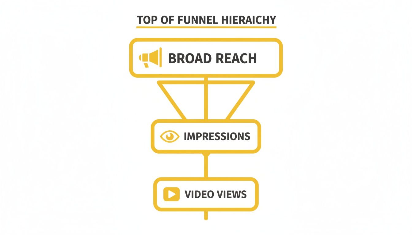 A diagram illustrating the top of funnel hierarchy, featuring broad reach, impressions, and video views.