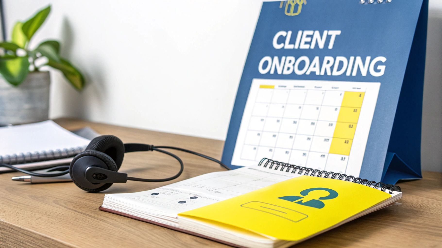 Office desk with a calendar showing 'Client Onboarding', headphones, and a yellow notebook.