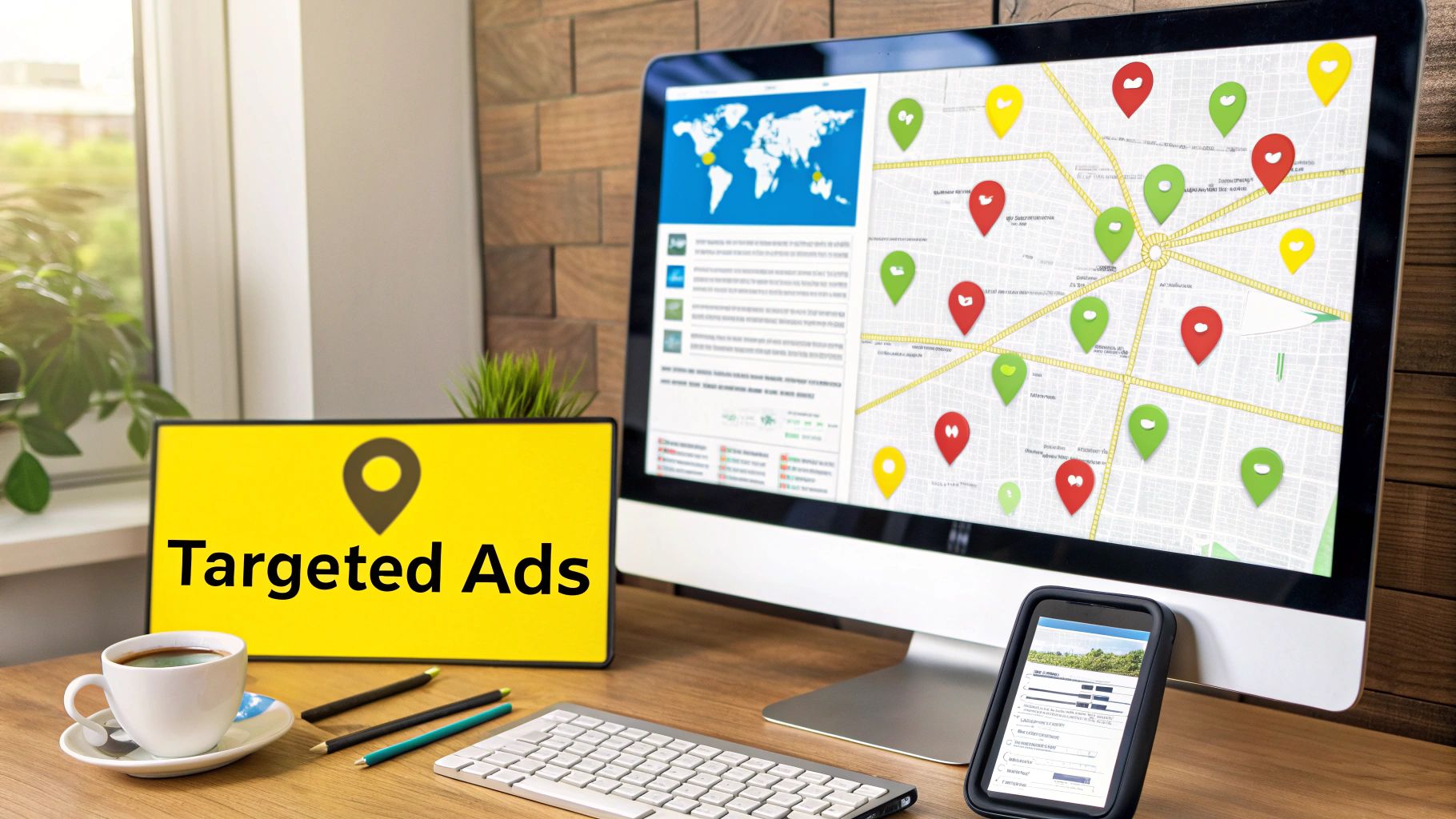 A desk with a computer monitor displaying a map with location pins and a 'Targeted Ads' sign.