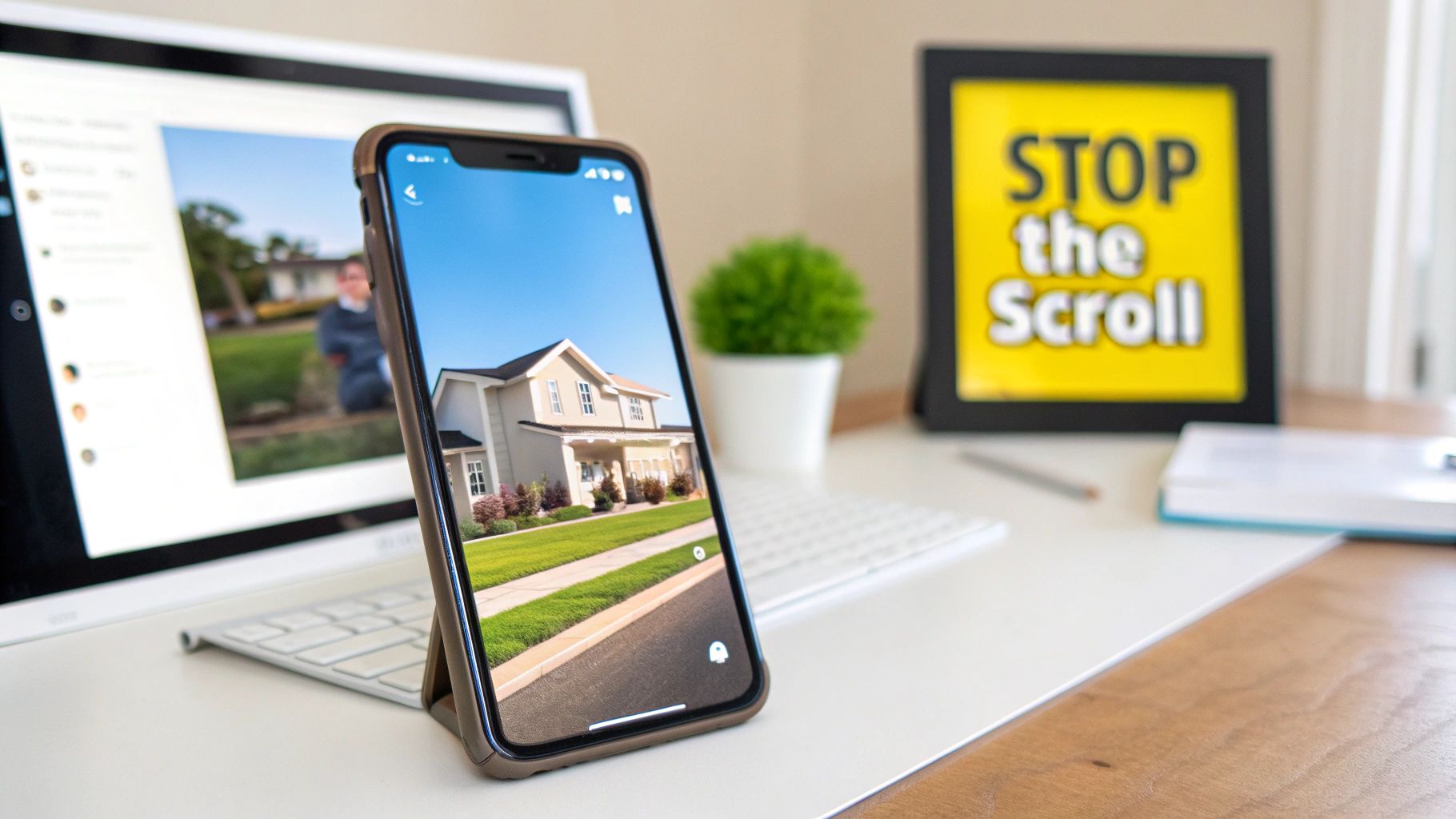 Smartphone on a white desk displaying a house image, with a computer and 'STOP the Scroll' sign.