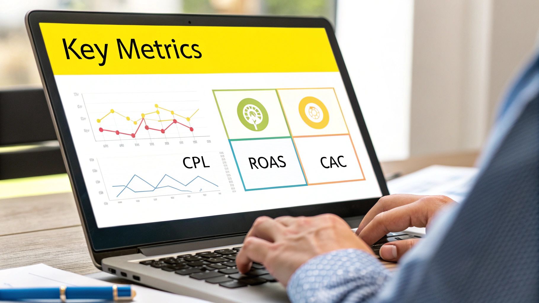 Hands typing on a laptop displaying marketing key metrics like CPL, ROAS, and CAC, with charts.