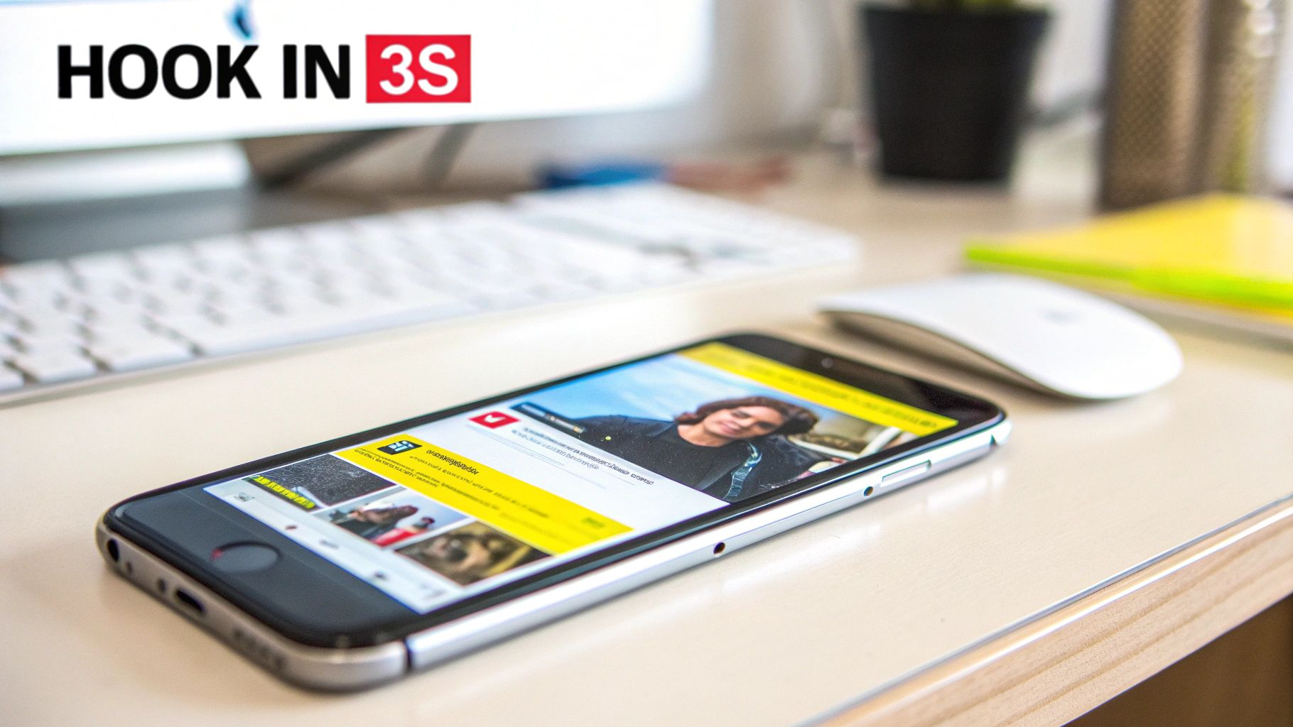 A smartphone displaying YouTube videos on a light wooden desk, with a keyboard and mouse nearby.