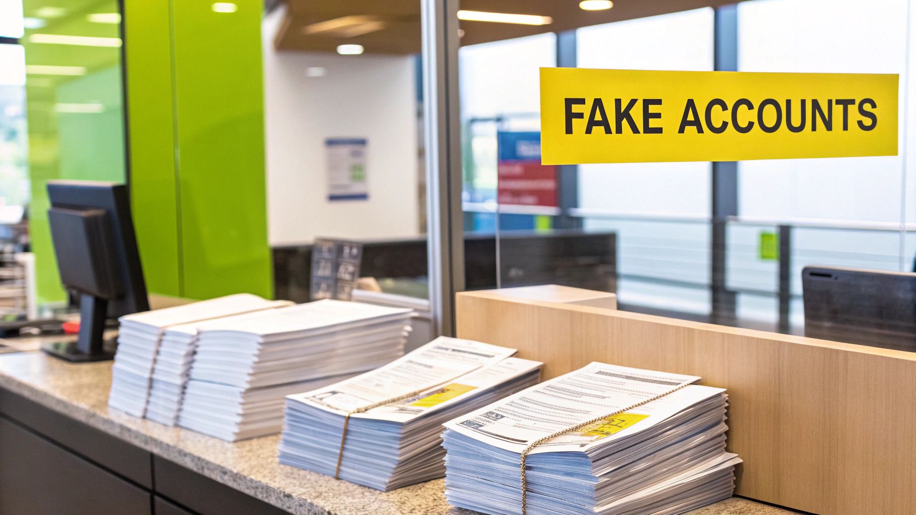 A desk with stacks of papers and a prominent yellow sign reading 'FAKE ACCOUNTS' in an office setting.
