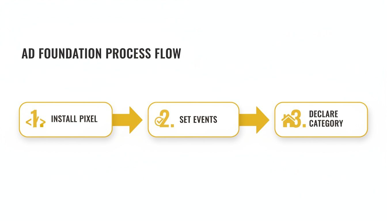 A three-step process flow diagram for ad foundation: install pixel, set events, and declare category.