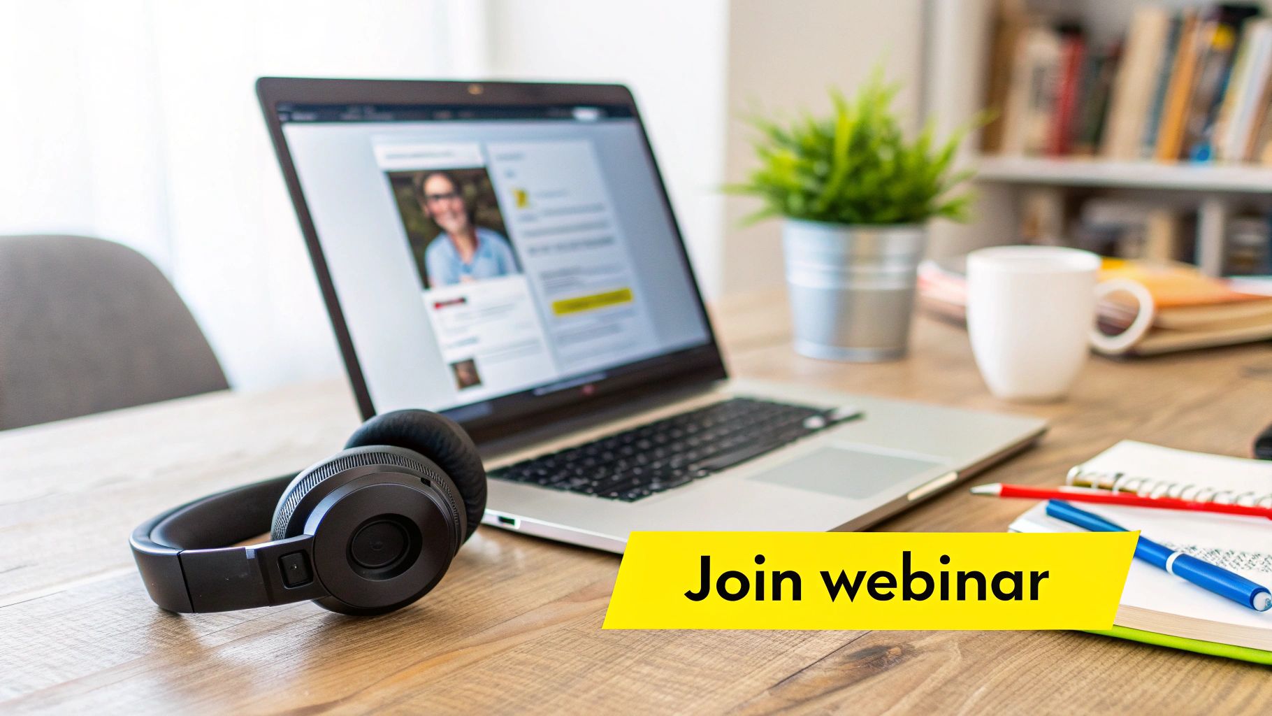 A home office desk with a laptop, headphones, coffee, and plant, featuring a 'Join webinar' banner.