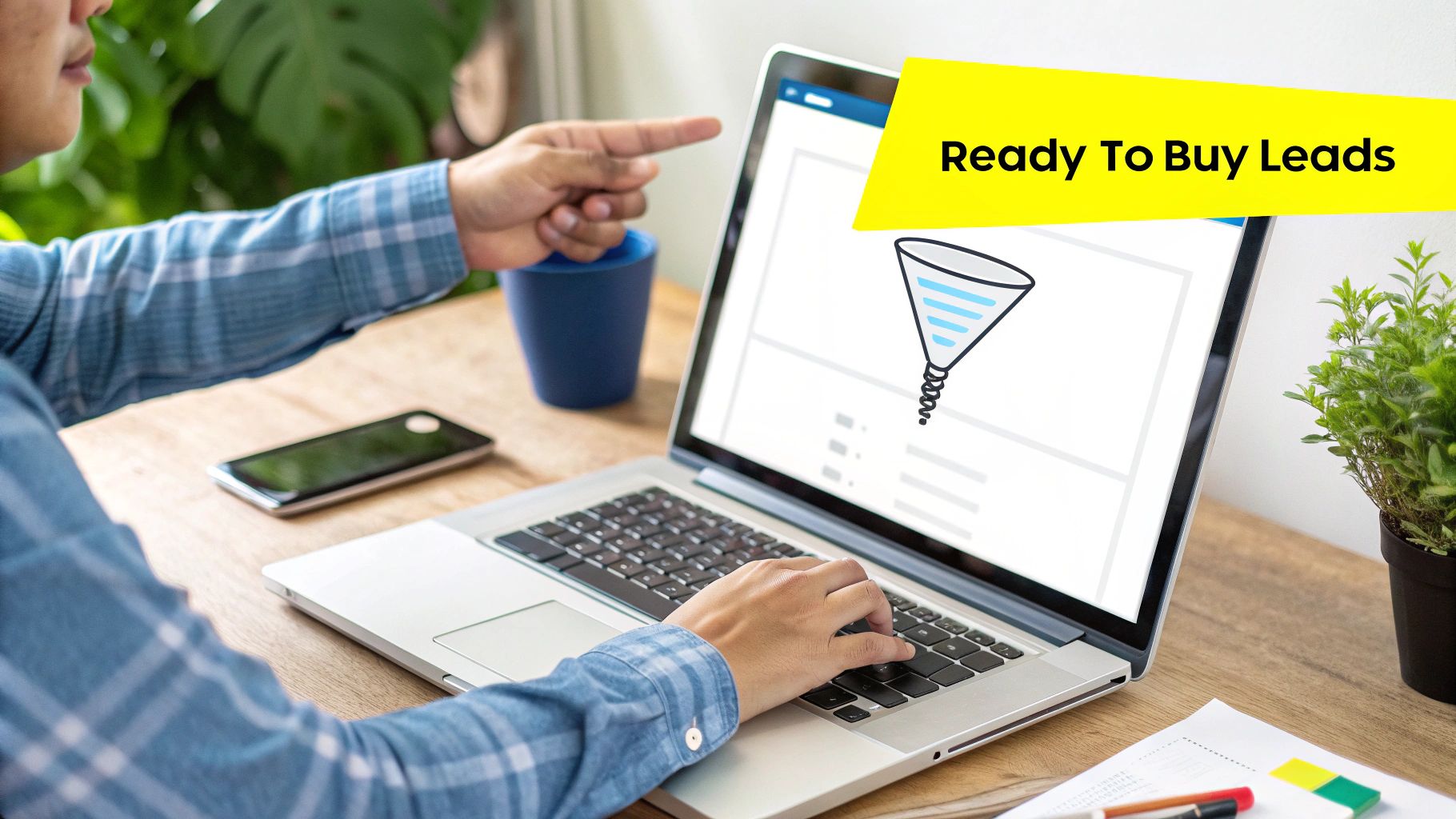 A person points at a laptop displaying a sales funnel and "Ready To Buy Leads" banner.