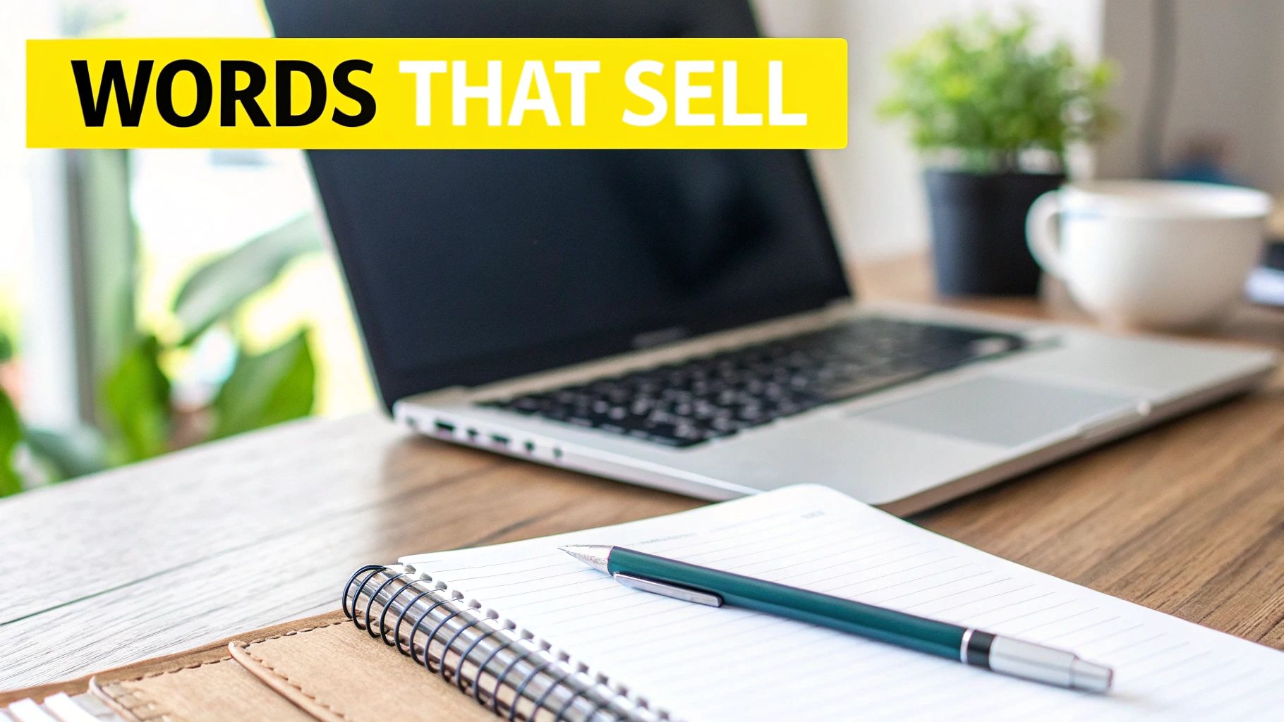 A bright workspace with a laptop, open notebook, and pen, with text 'WORDS THAT SELL'.