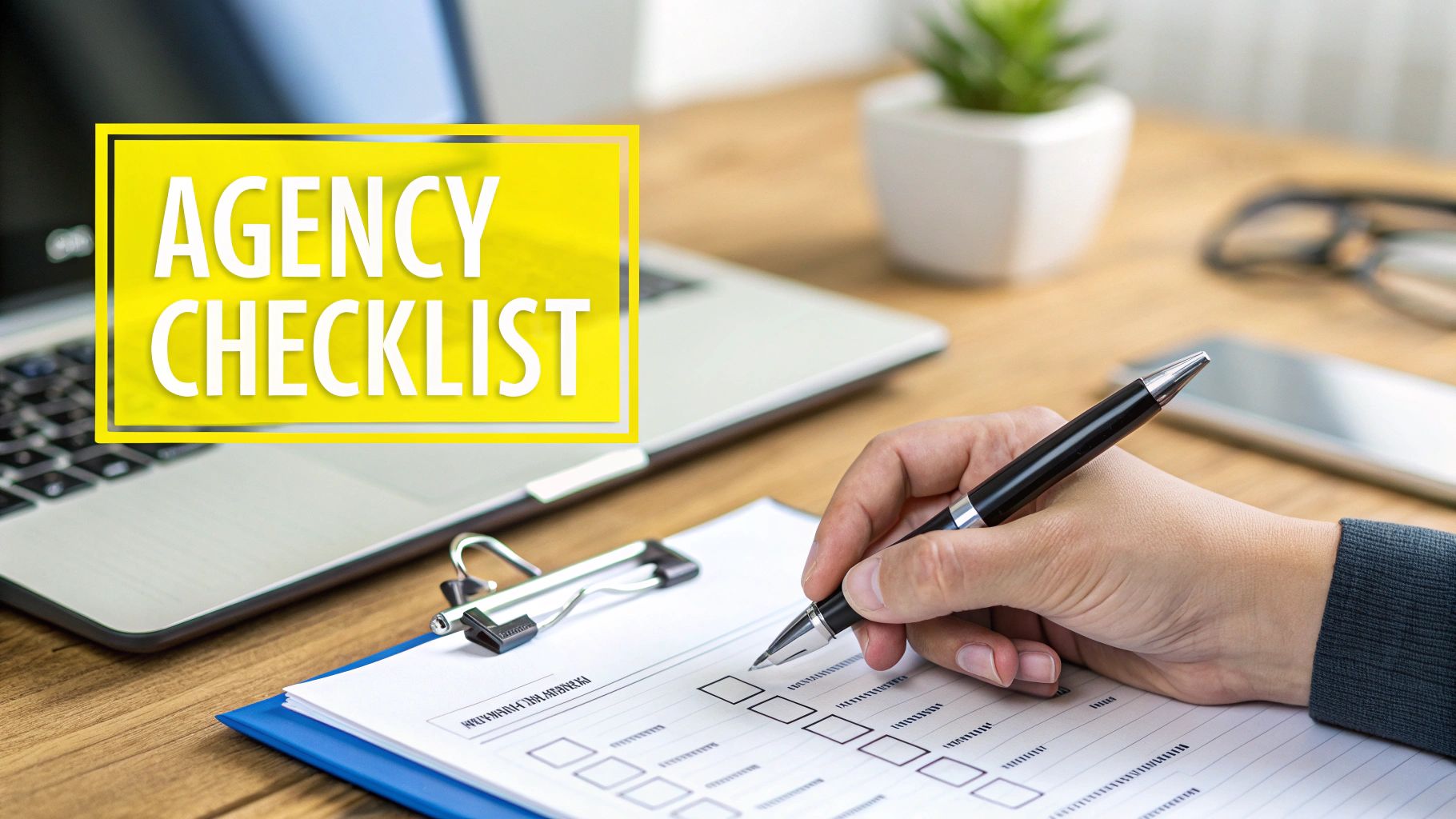 A person's hand fills out an 'AGENCY CHECKLIST' document with a pen, on a wooden desk.