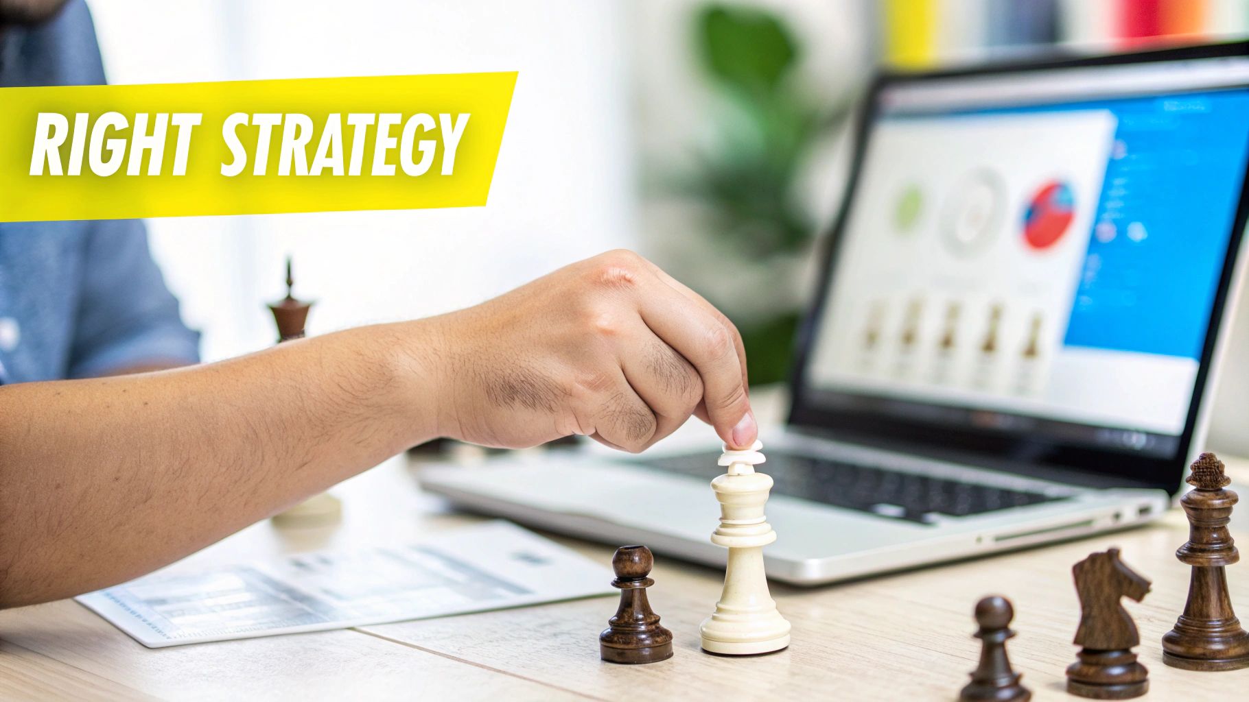 A hand moves a white chess king on a table with a laptop, highlighting business strategy.