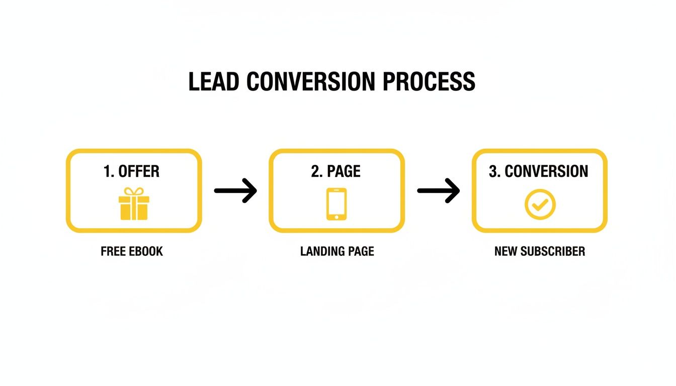 A diagram illustrating a three-step lead conversion process from offer to new subscriber.
