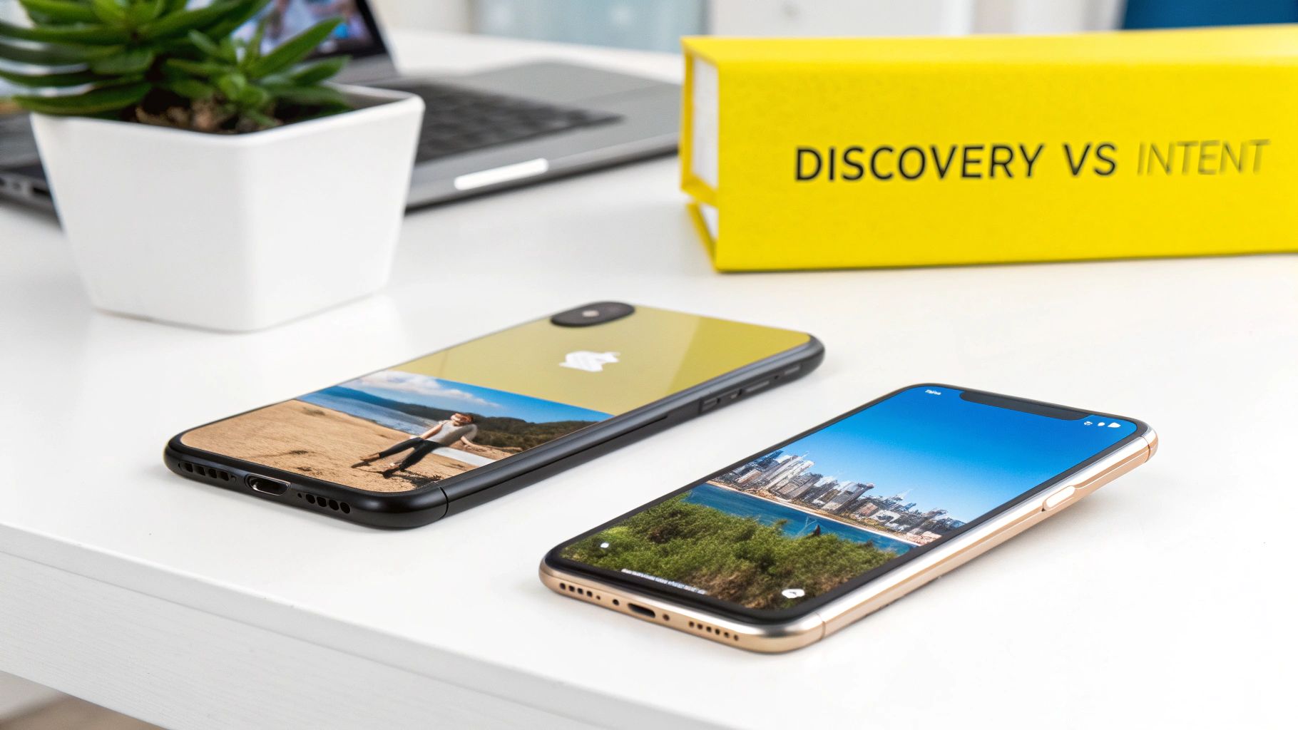 Two iPhones, a laptop, and a plant on a white desk, with a yellow 'Discovery vs Intent' box.