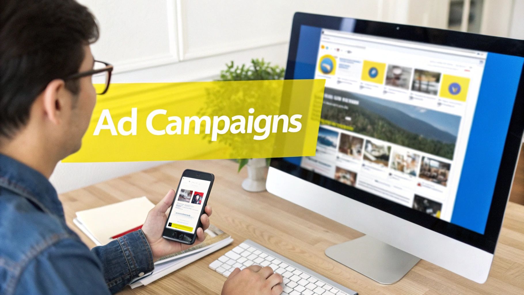 Person managing ad campaigns on a desktop computer and smartphone at a modern desk.