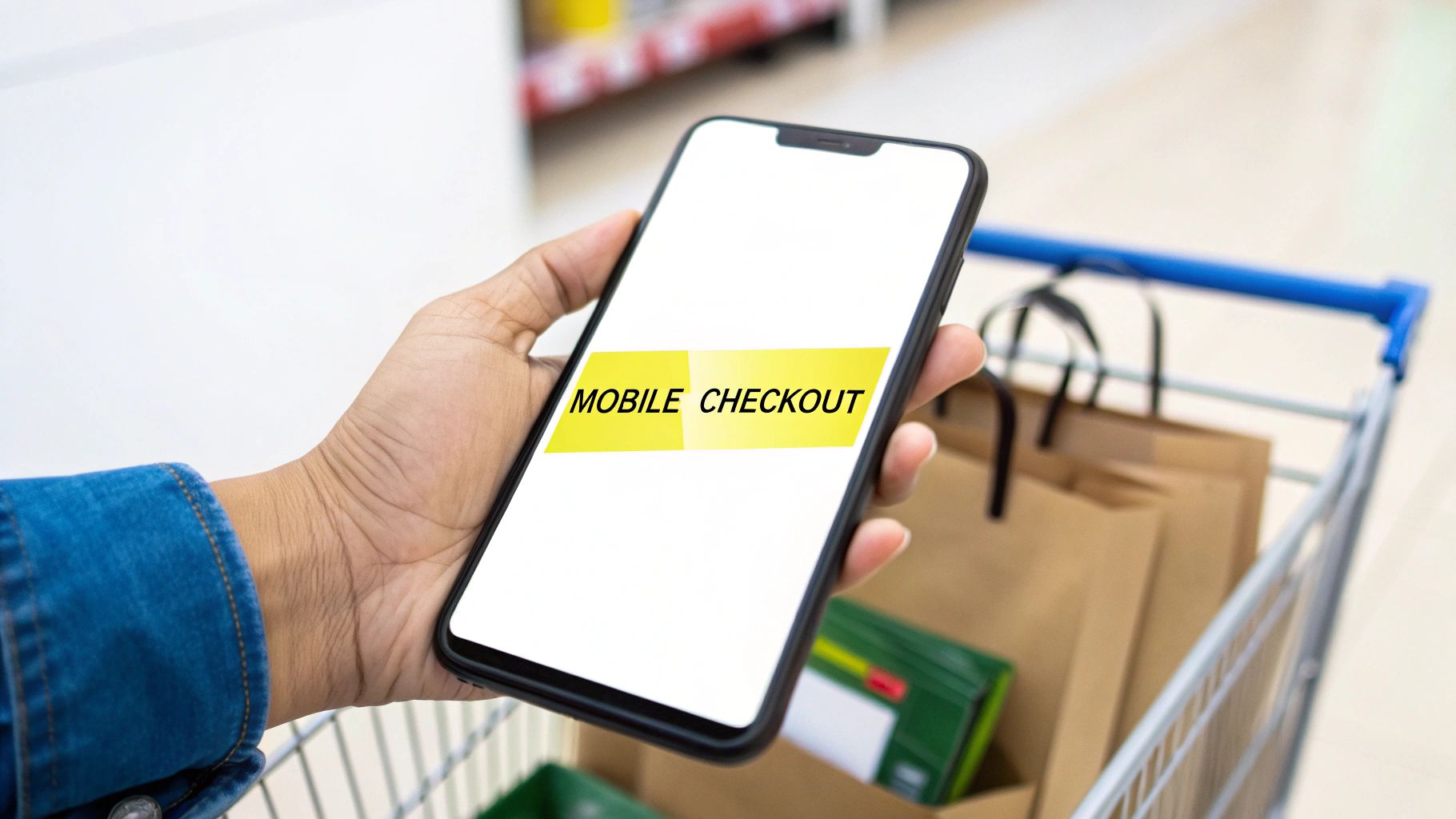 A person's hand holds a smartphone showing 'MOBILE CHECKOUT' in a store with a shopping cart.
