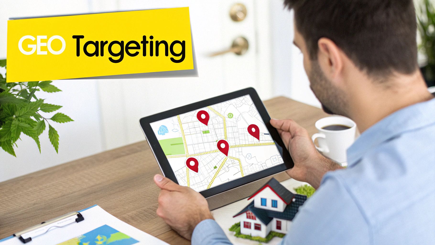 A man holds a tablet showing a map with location pins, representing geo-targeting for real estate.