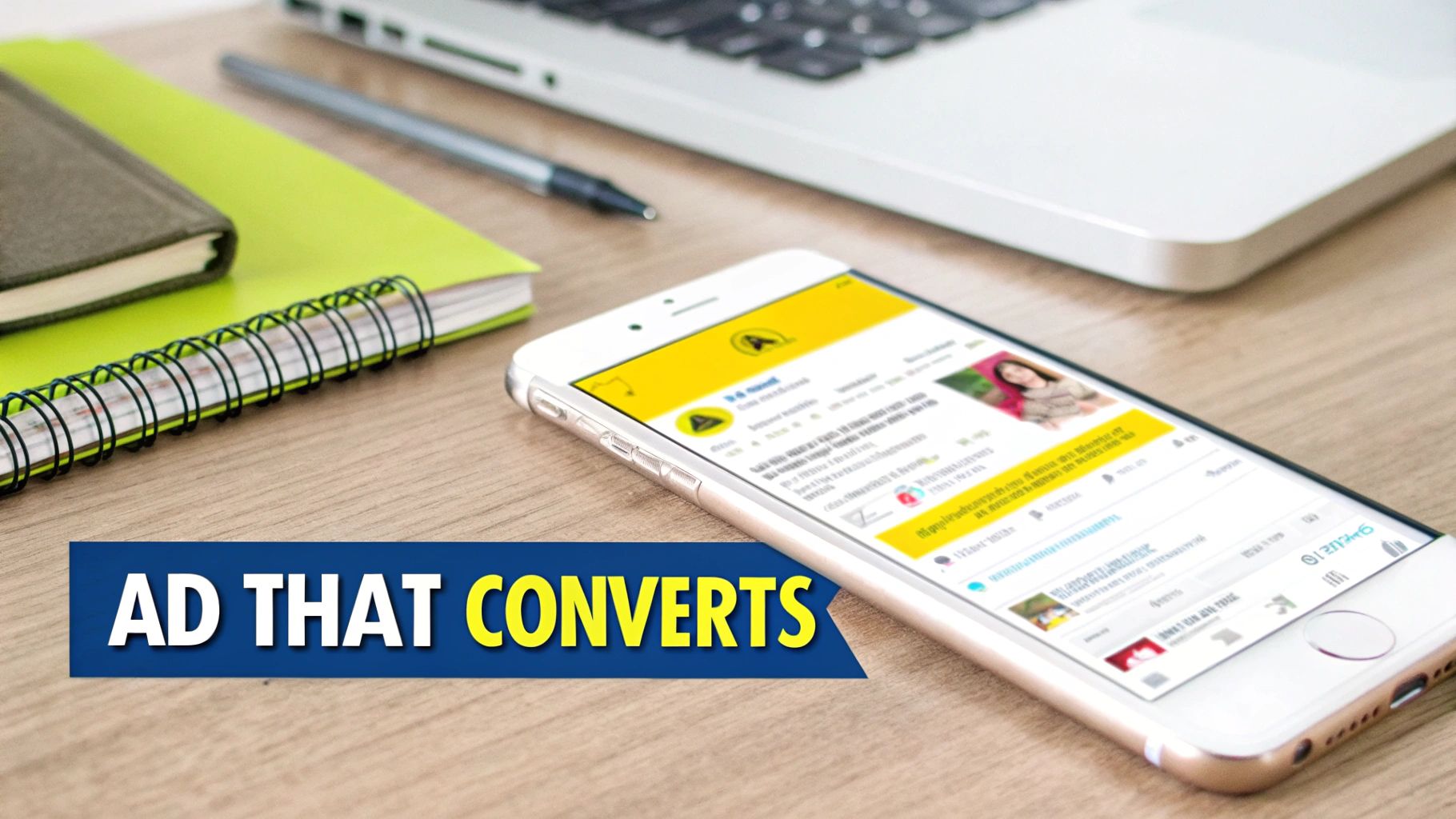 A smartphone on a wooden desk showing a social media ad, with a laptop and notebooks in the background.