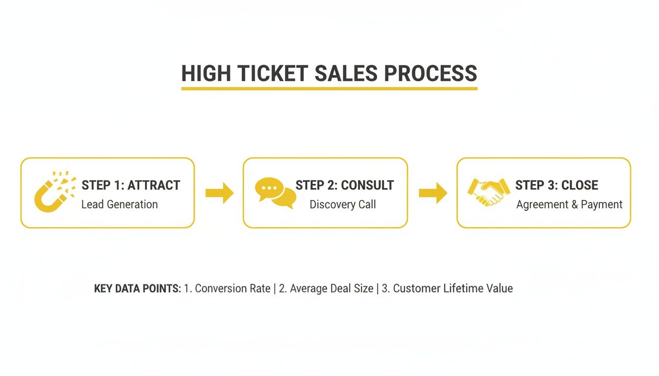 A diagram outlining a three-step high ticket sales process: Attract, Consult, and Close.