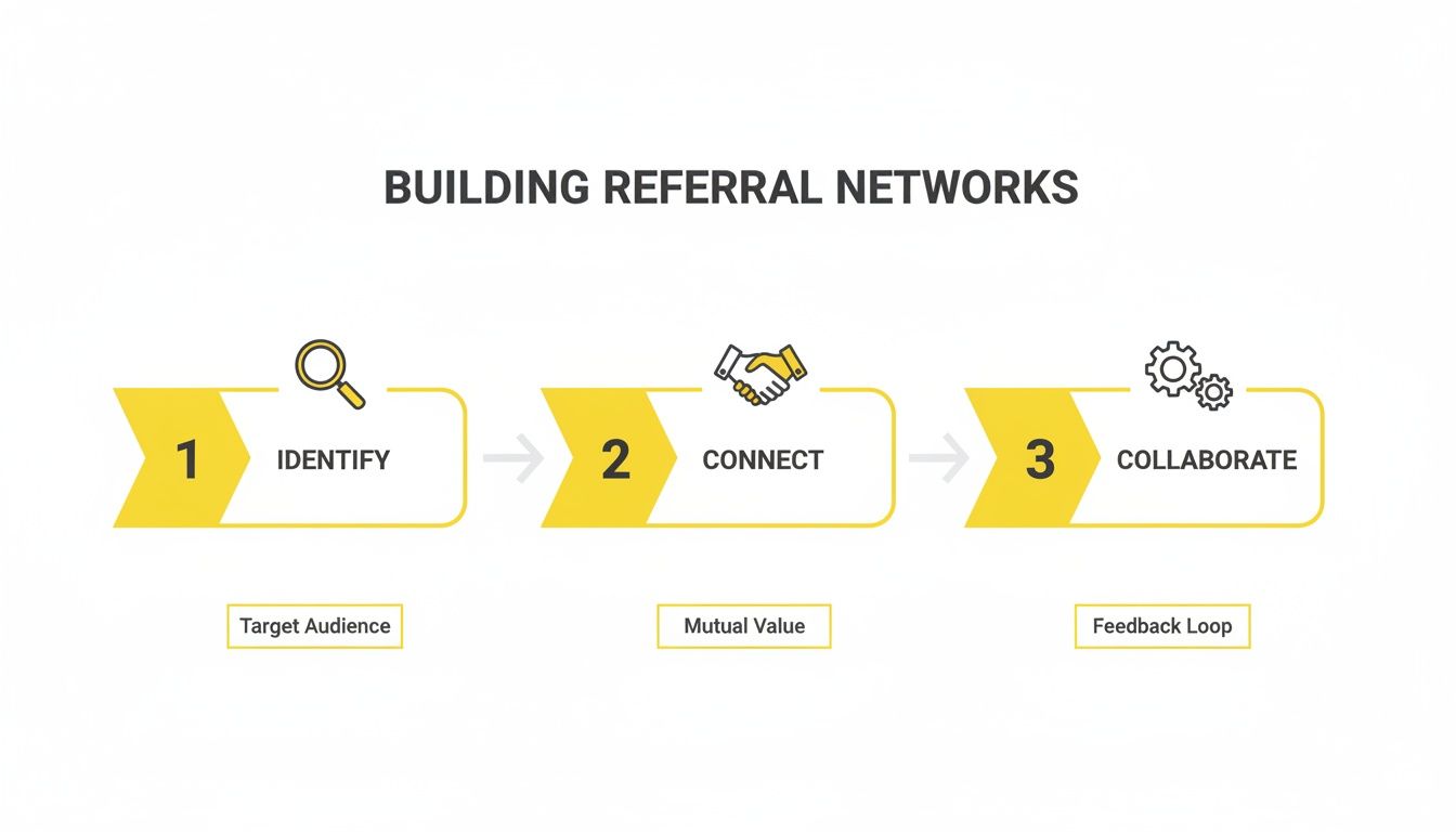 A three-step infographic outlining how to build successful referral networks: Identify, Connect, and Collaborate.