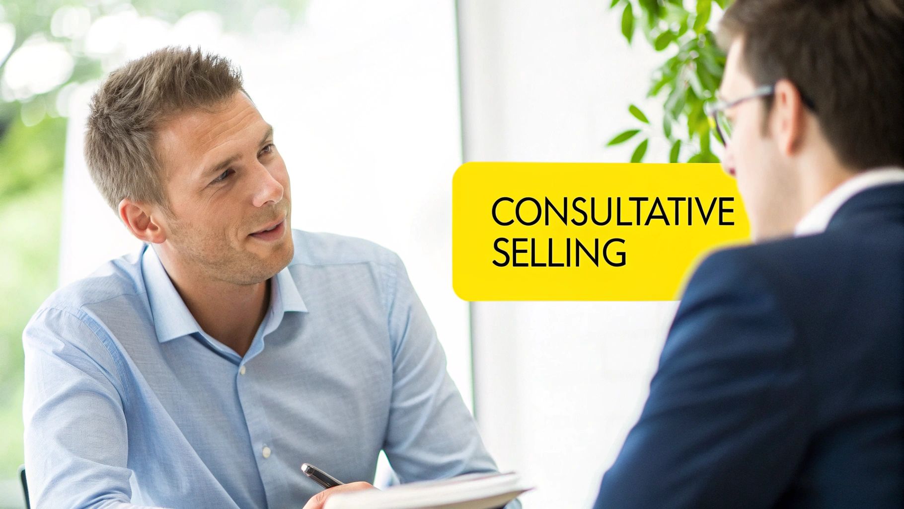 Two businessmen discussing, one in a blue shirt holds a pen, with 'CONSULTATIVE SELLING' text.