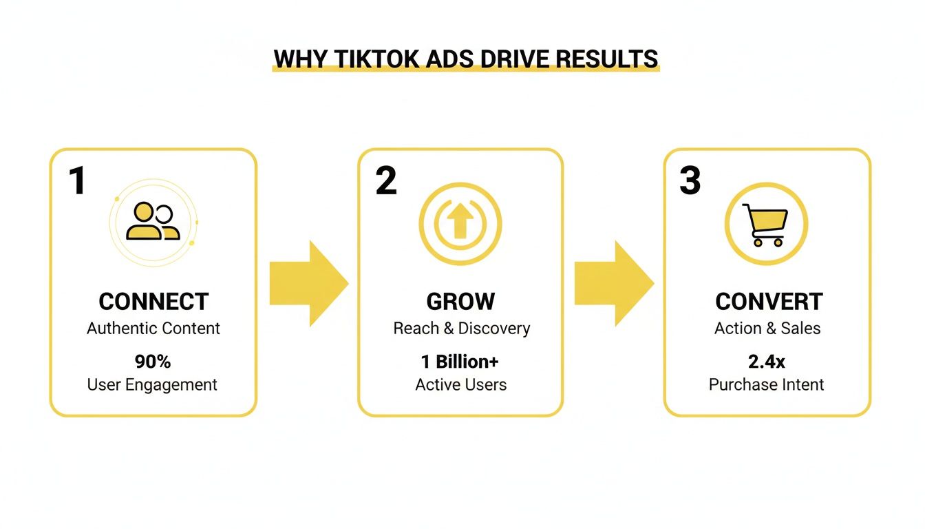 Infographic illustrates how TikTok ads achieve results through connecting, growing reach, and converting sales.