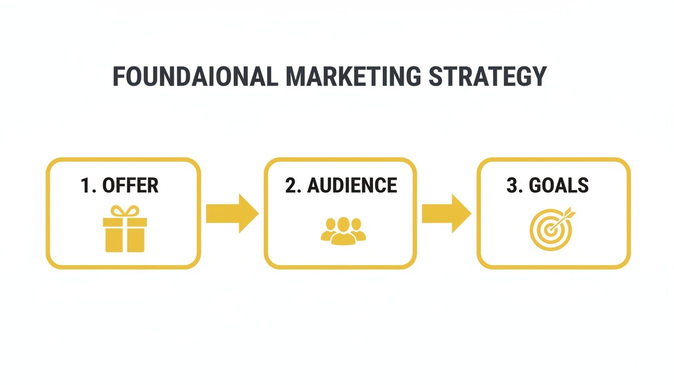 Foundational marketing strategy flowchart showing offer, audience, and goals as key steps.