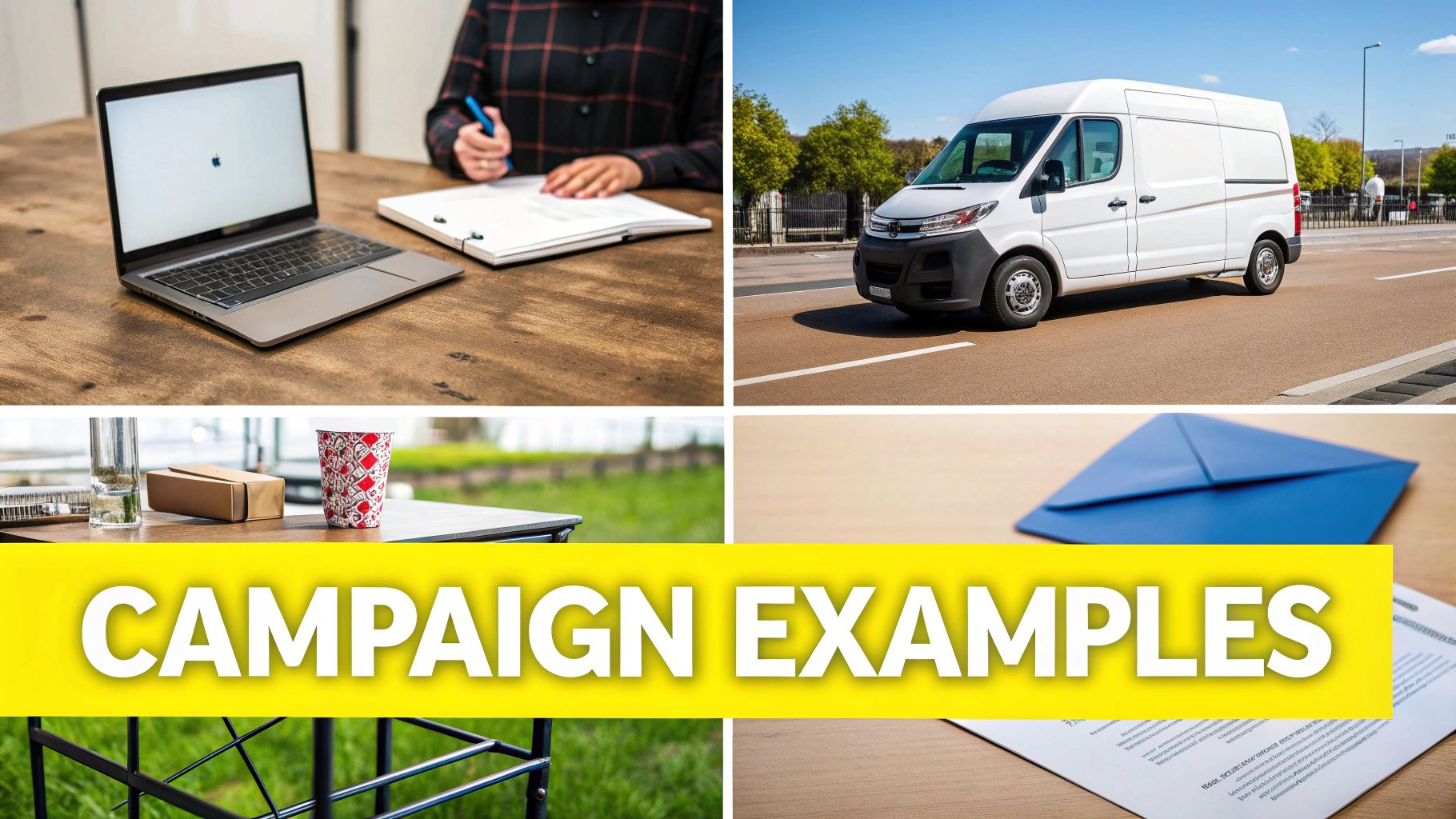 A collage showing various marketing campaign examples: a person working on a laptop, a delivery van, a coffee cup, and a blue envelope.
