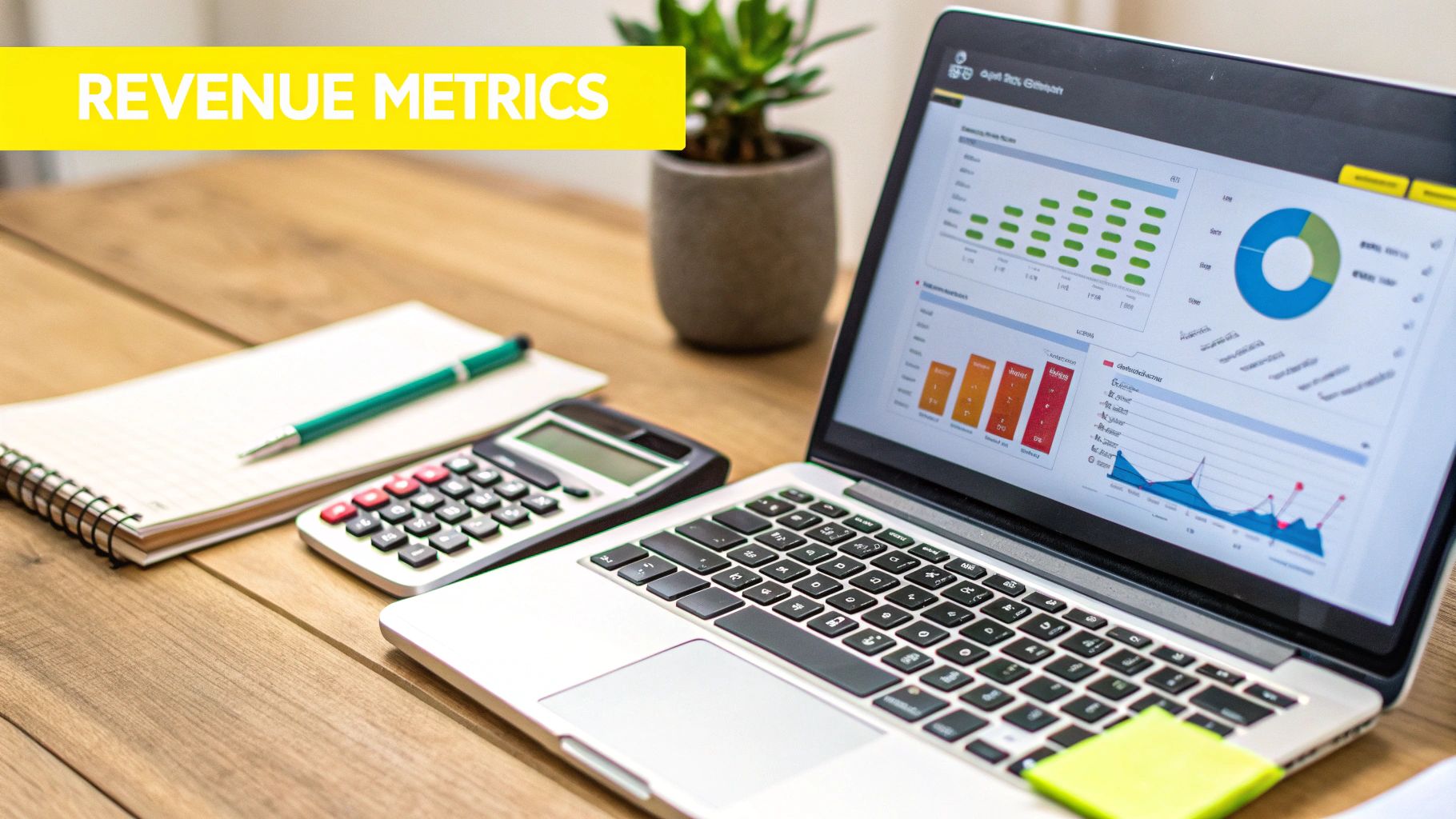 A laptop displays revenue metrics, charts, and data analysis on a wooden desk with a calculator.