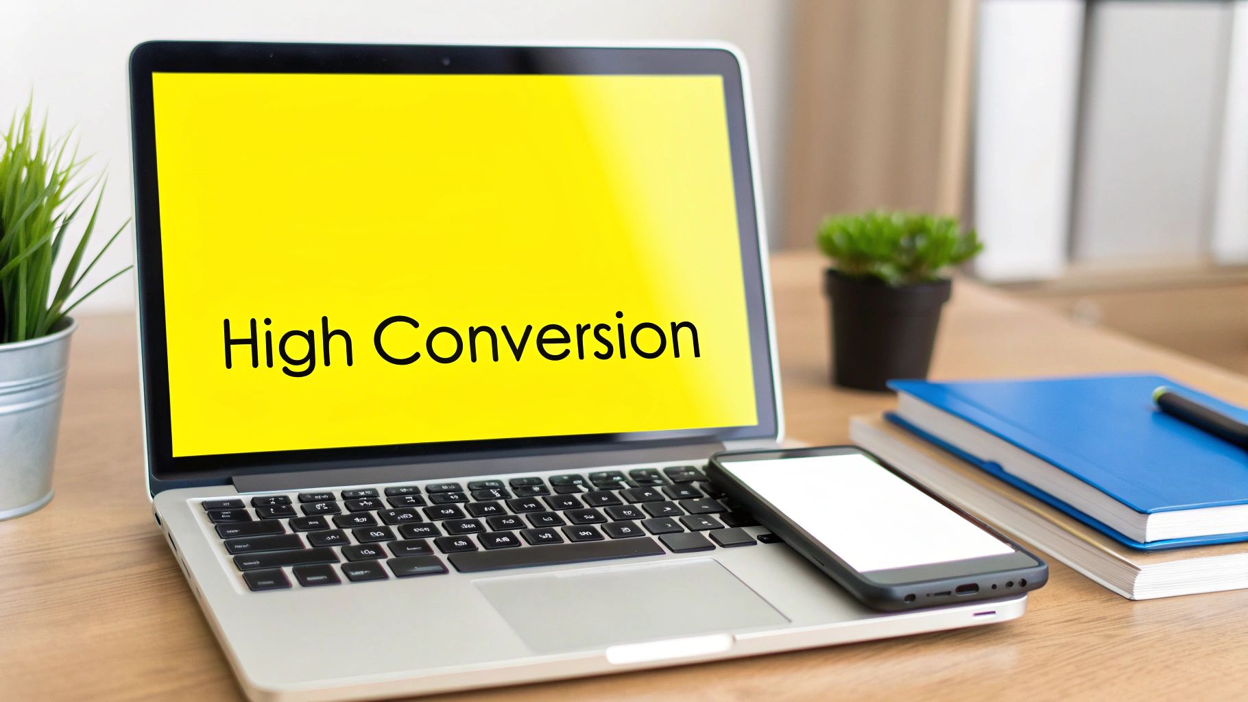 A laptop displaying 'High Conversion' on a bright yellow screen, with a smartphone and office supplies.