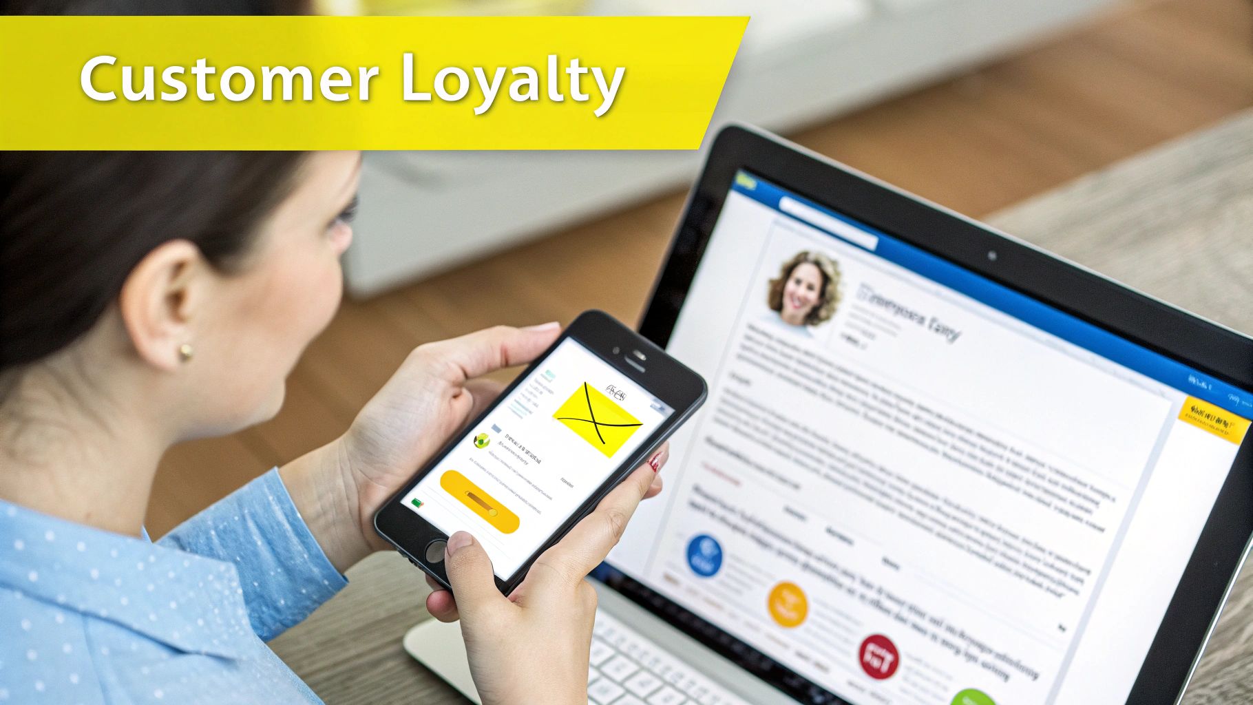A person holding a smartphone showing an email icon, with a laptop displaying a profile and a 'Customer Loyalty' banner.