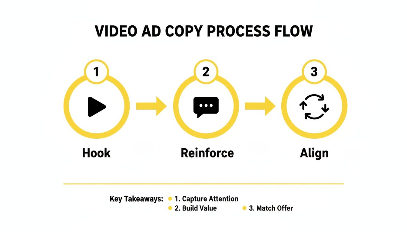 Diagram illustrating a three-step video ad copy process flow: Hook, Reinforce, and Align.
