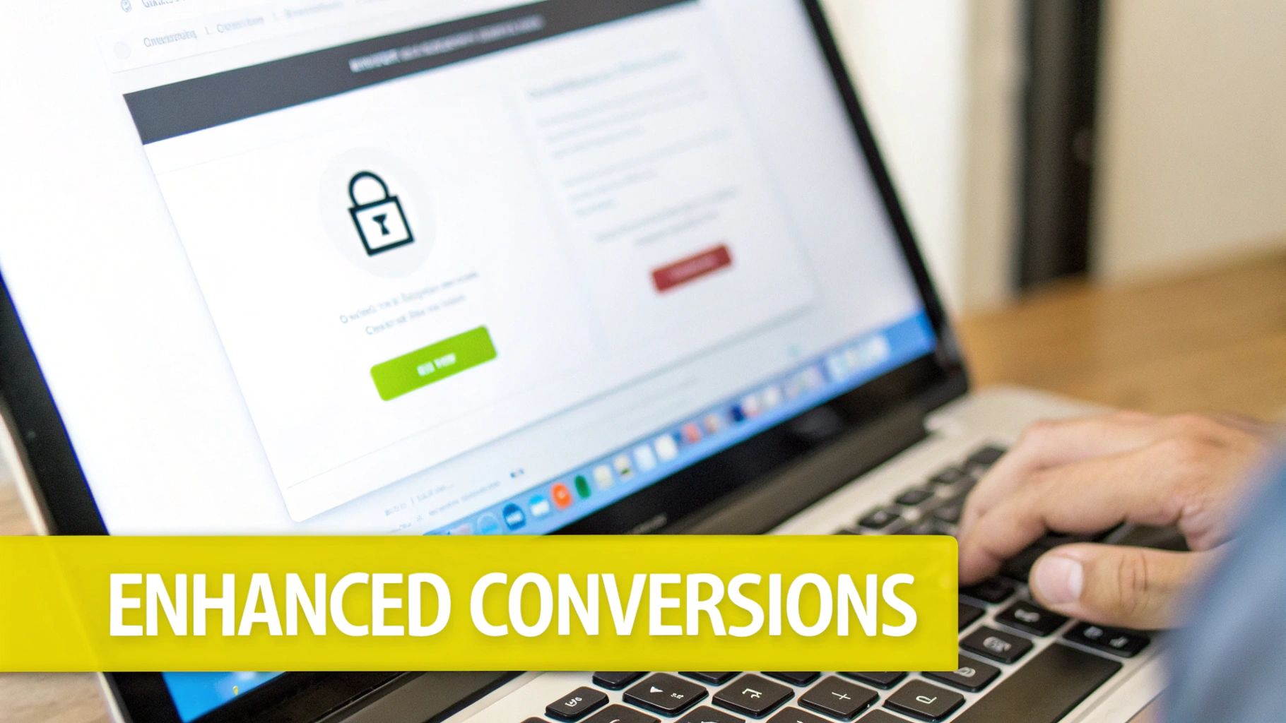 A person types on a laptop showing a lock icon and an "ENHANCED CONVERSIONS" banner.