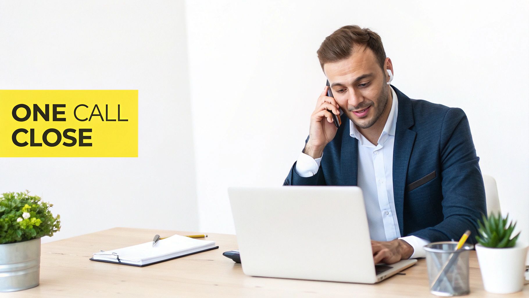 A smiling businessman talks on the phone and types on a laptop, with 'ONE CALL CLOSE' text.