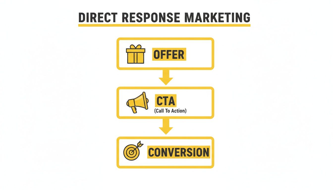 Flowchart illustrating the three steps of direct response marketing: offer, call to action, and conversion.