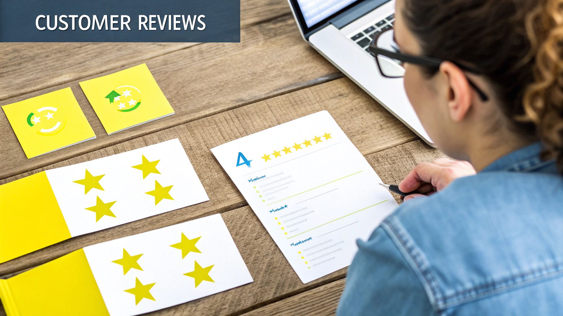 A person reviewing a customer feedback form with a 4-star rating and review cards on a wooden desk.