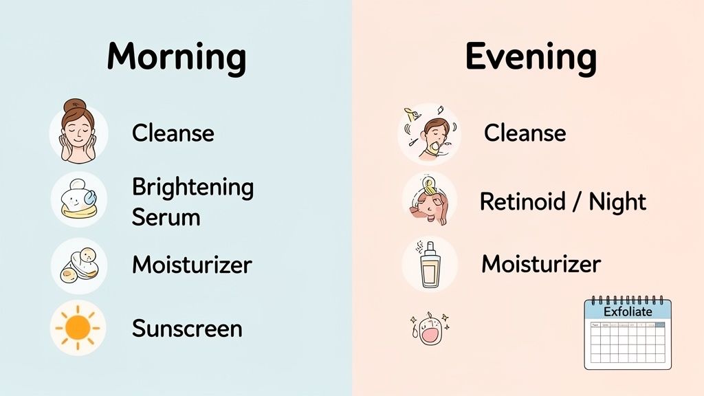 A comprehensive skincare routine guide detailing morning and evening steps for healthy skin.