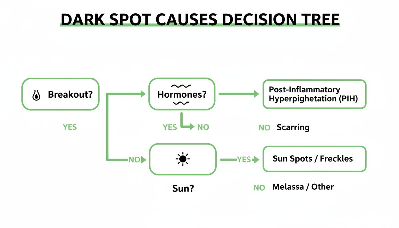 Decision tree illustrating the causes of dark spots, including breakouts, hormones, and sun exposure.